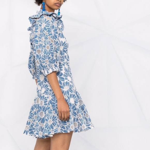 NEW Sandro Applique Detail V Neck Floral Lace Blue Mini Dress - Picture 2 of 8